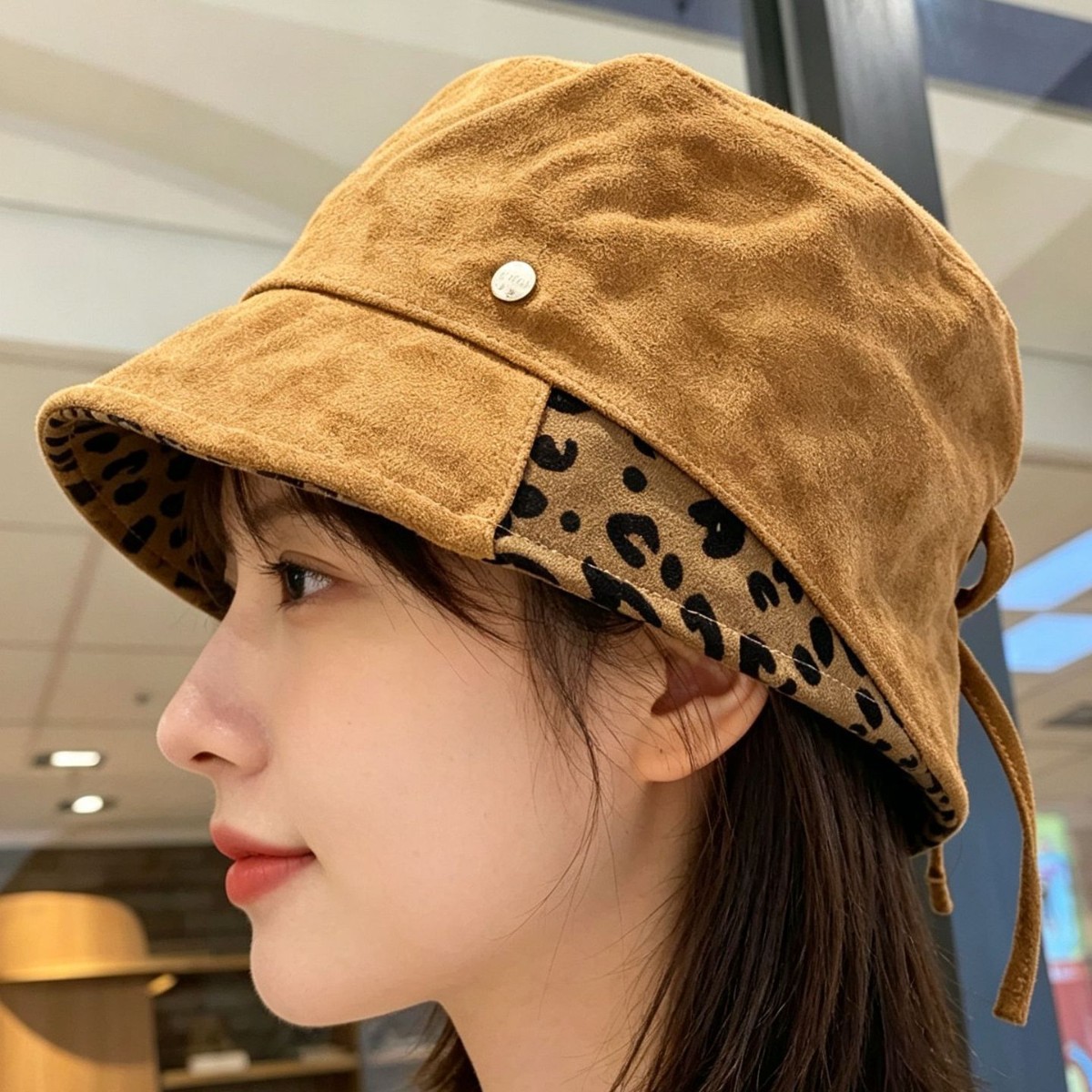 春夏女豹纹防晒渔夫帽水桶帽