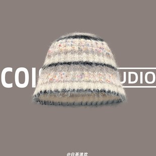 百搭毛线水桶 保暖针织毛绒渔夫帽子韩版 2024新款 条纹盆帽女冬季