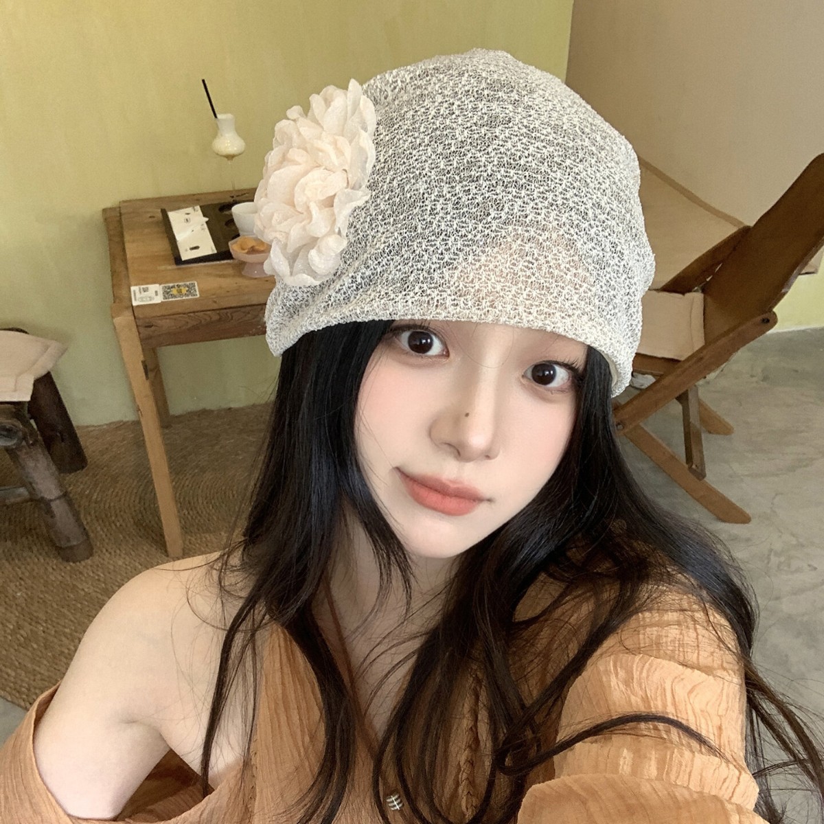 花朵镂空堆堆帽女薄款