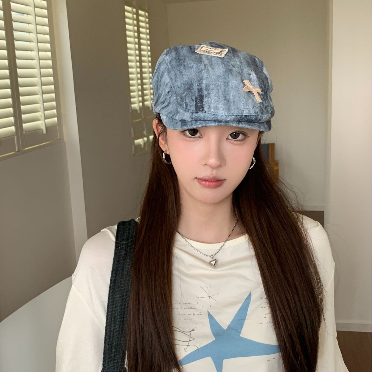 秋冬复古做旧牛仔蝴蝶结鸭舌帽