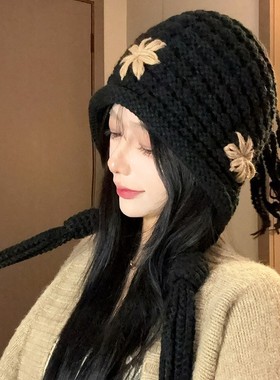 红色针织花朵流苏毛线帽子女秋冬季保暖显脸小手工辫子护耳包头