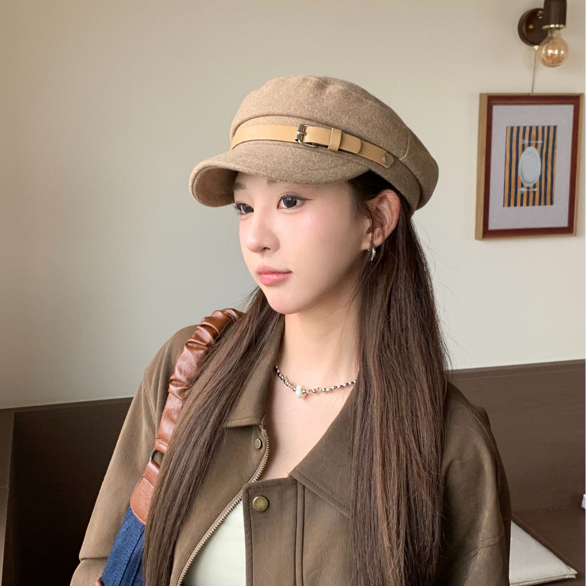 秋冬复古皮扣短檐海军前进帽女