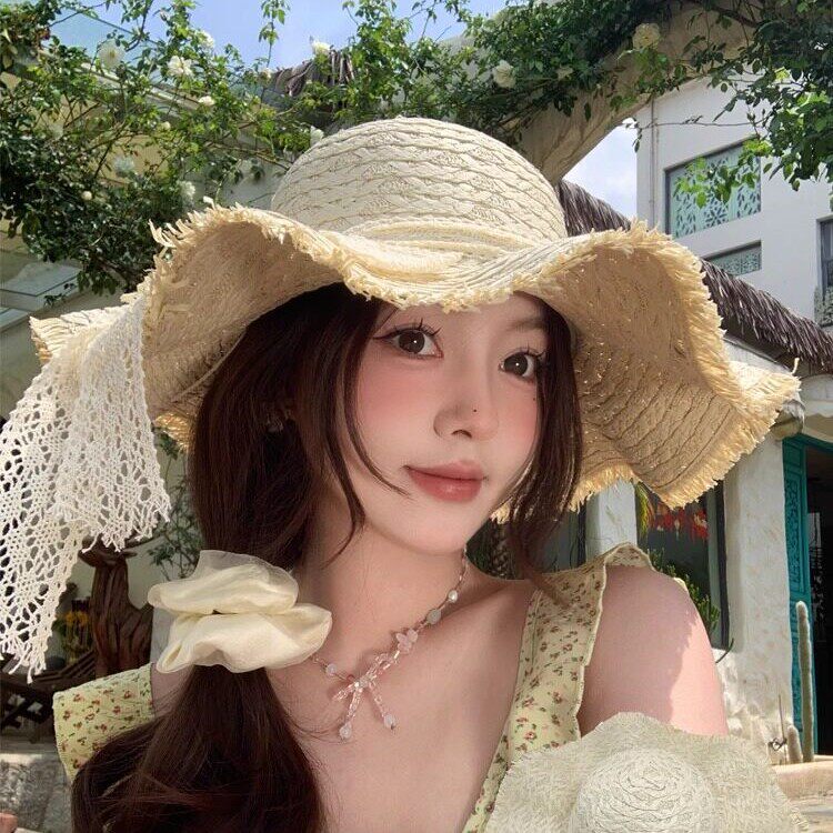 夏季拉菲草花环大檐防晒沙滩帽