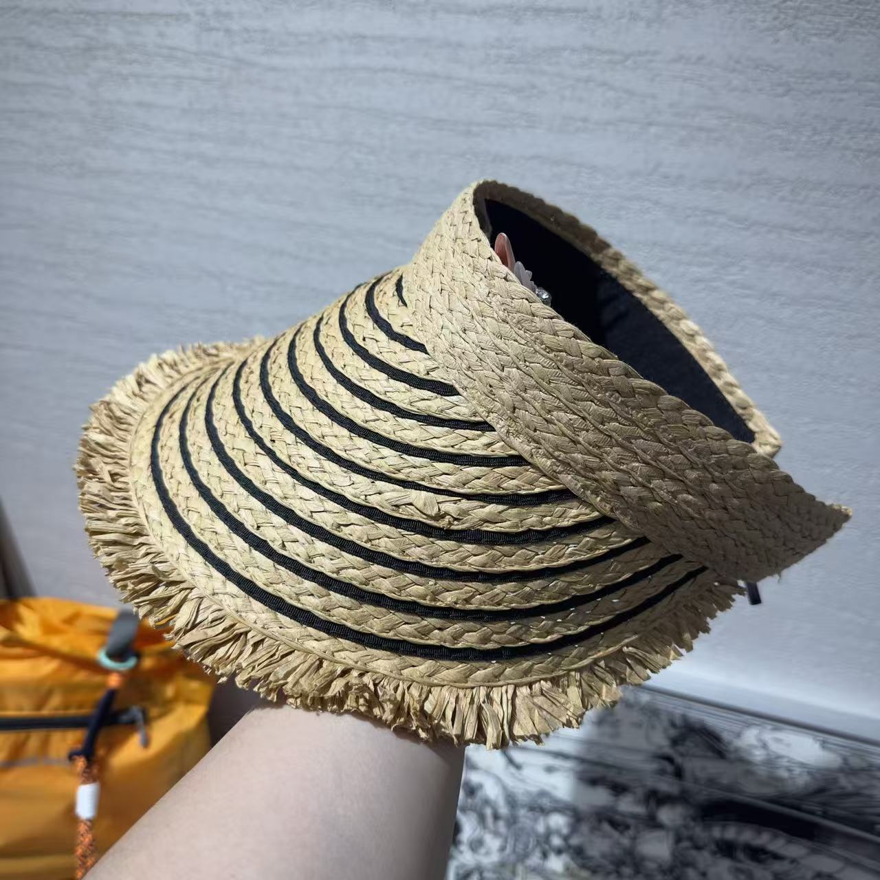 女夏条纹编织空顶大檐防晒帽