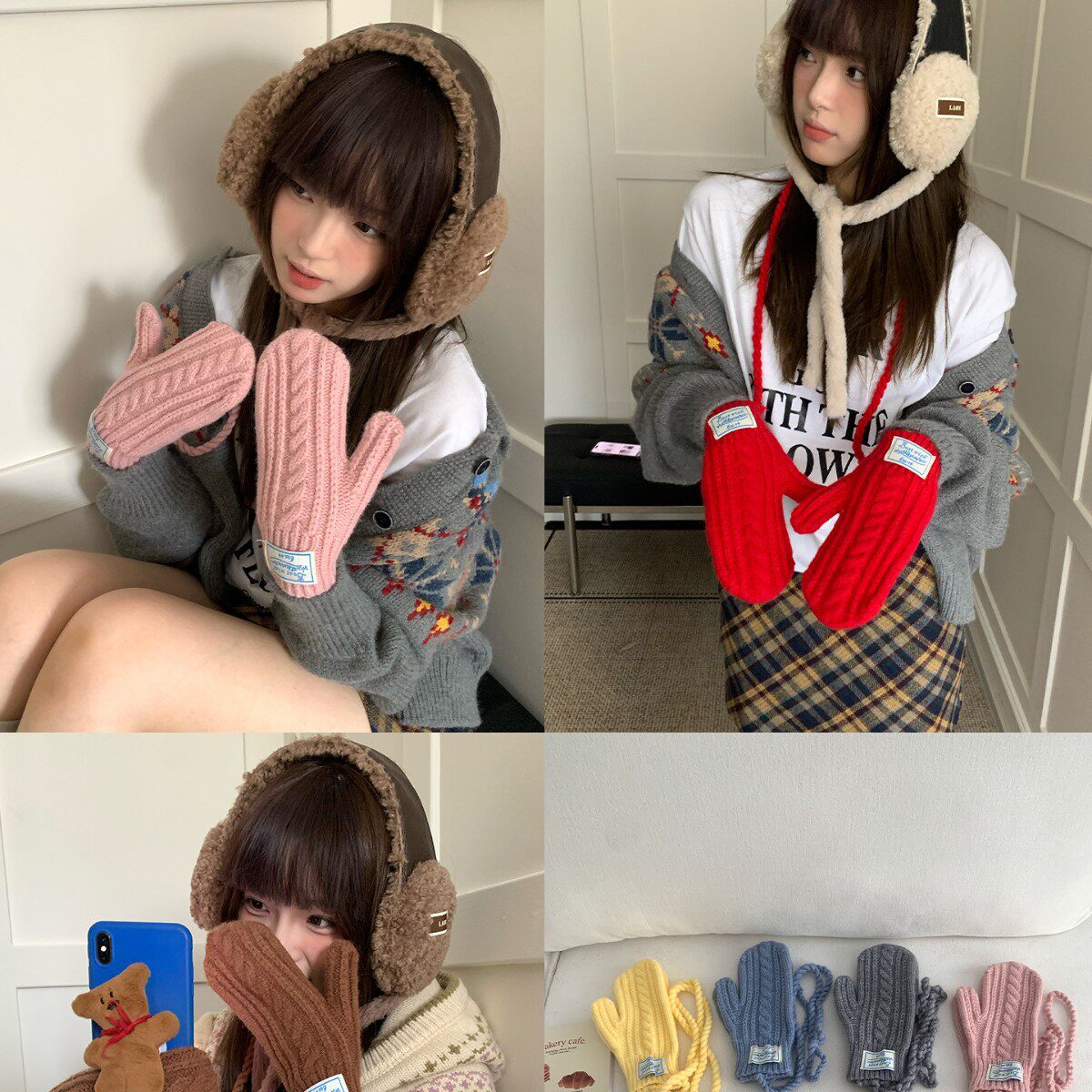 可触屏多巴胺毛线连指挂脖手套女秋冬季带绳全包户外保暖防寒红色