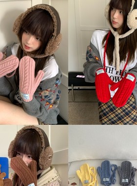 可触屏多巴胺毛线连指挂脖手套女秋冬季带绳全包户外保暖防寒红色