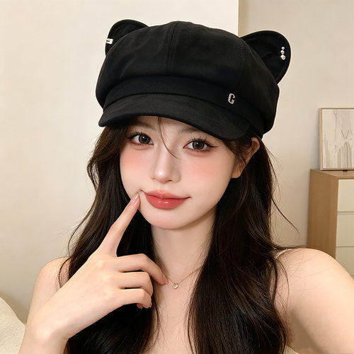 秋冬甜美日系猫耳八角贝雷帽