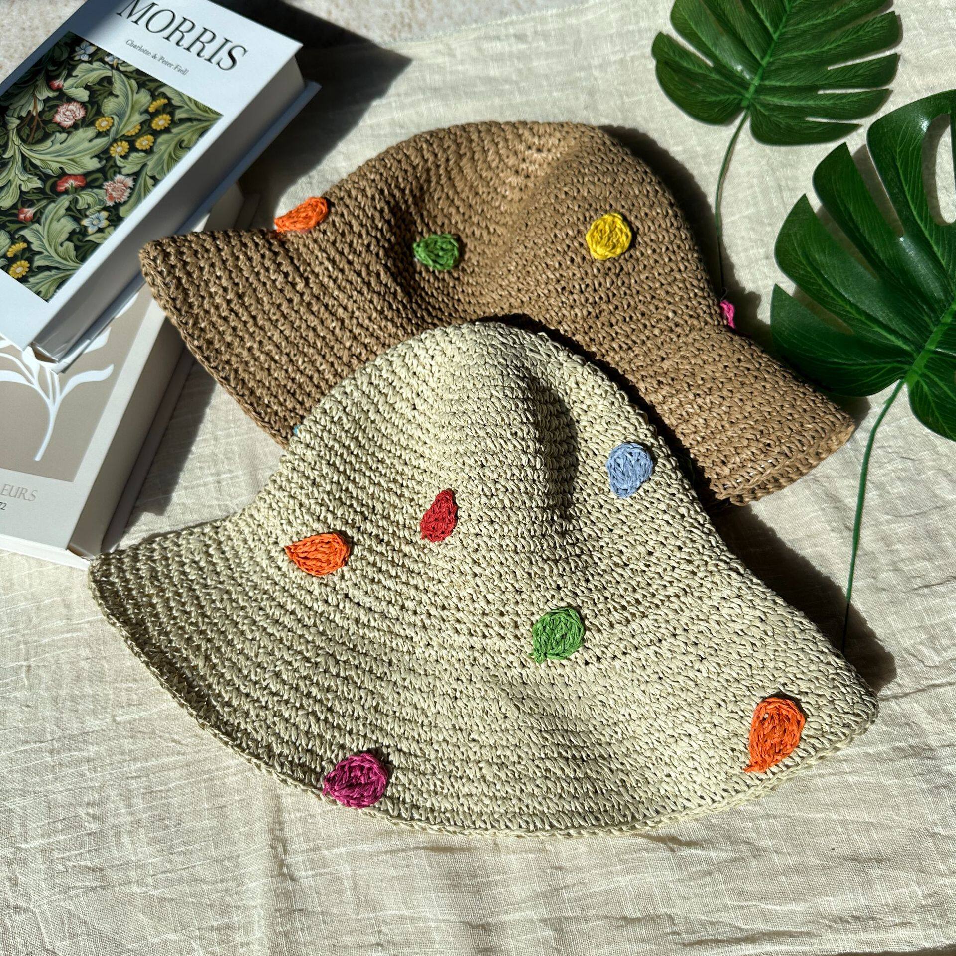 春夏甜美百搭编织草帽女可折叠旅游遮阳防晒渔夫帽大檐显脸小盆帽