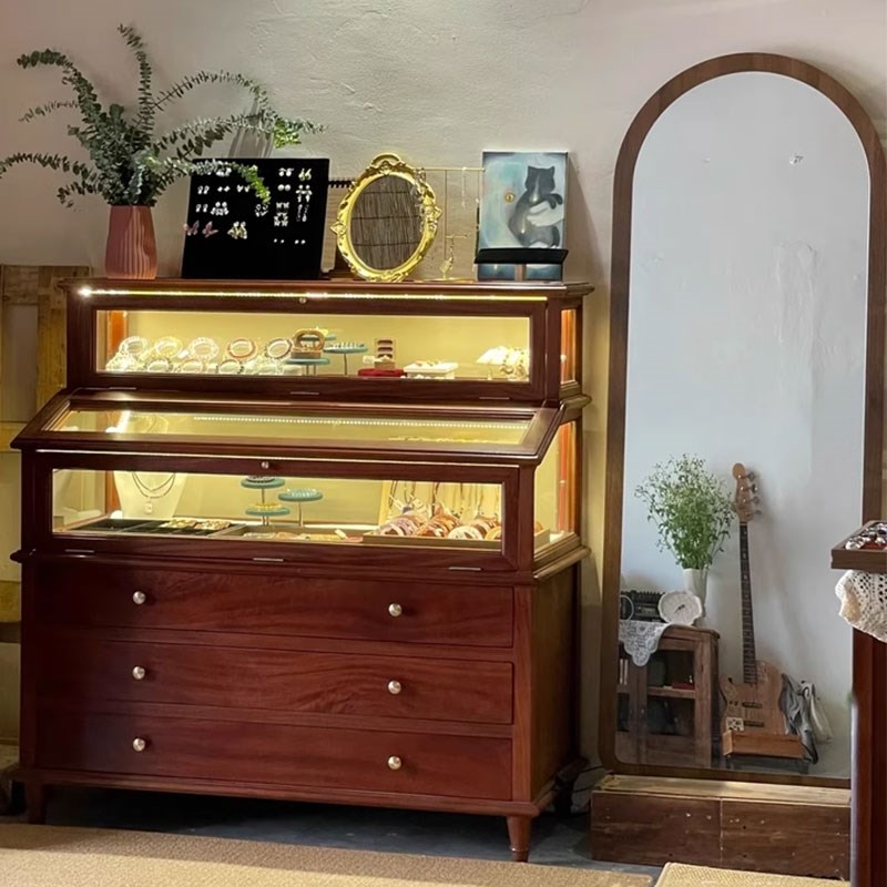 复古珠宝展示柜中古风首饰陈y列柜玻璃橱窗陈列架古玩玉器翡翠展