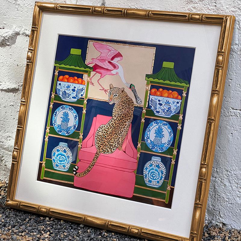 【青花瓷豹】中式插画风沙发背景墙实木框装饰画家装壁画餐厅挂画图片