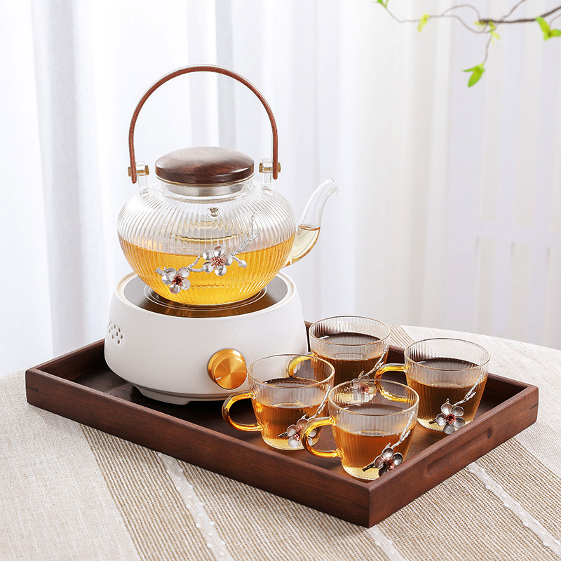 电陶炉加热蒸煮茶壶套装s镶锡透明玻璃泡花茶壶茶杯带滤网胡桃木