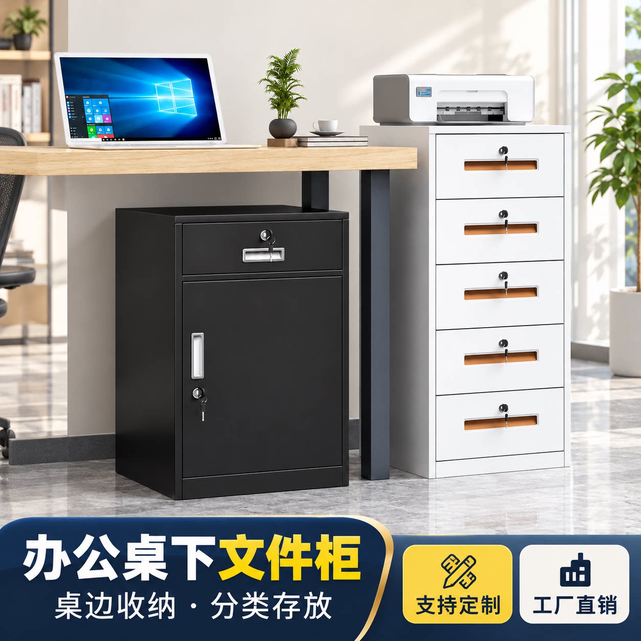办公室桌下文件柜资料柜工具收纳柜铁皮矮柜储物柜抽屉带锁小柜子