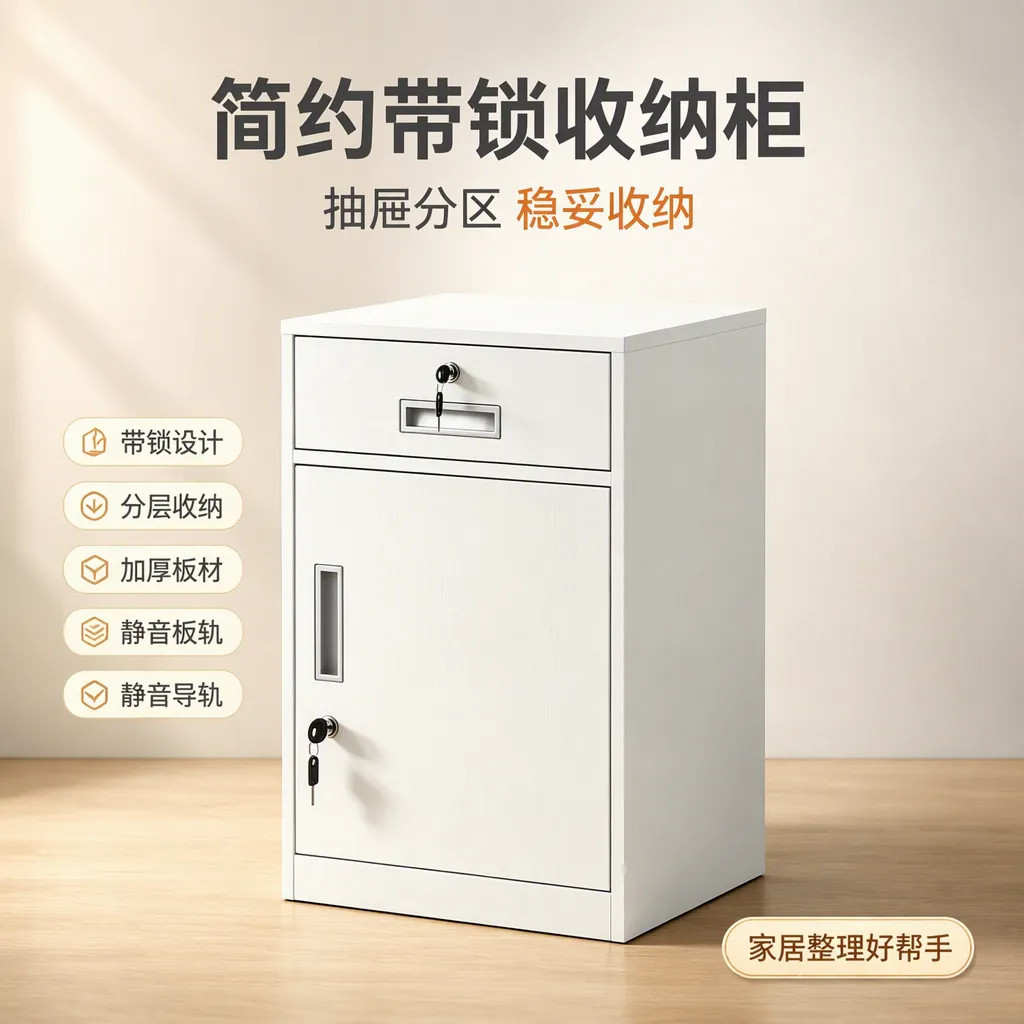 办公桌边柜铁皮文件柜带锁抽屉小矮柜资料收纳静音导轨十年质保