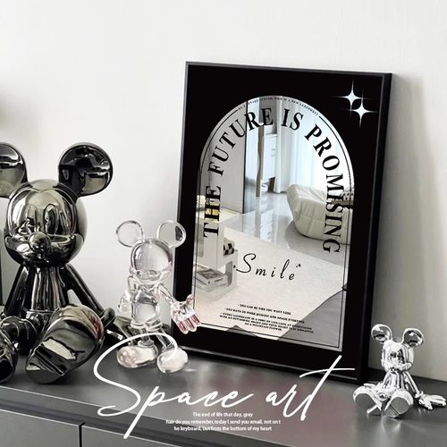 ins风卧室床头柜镜子装饰画黑白高级感创意镜面挂画客厅小众摆画