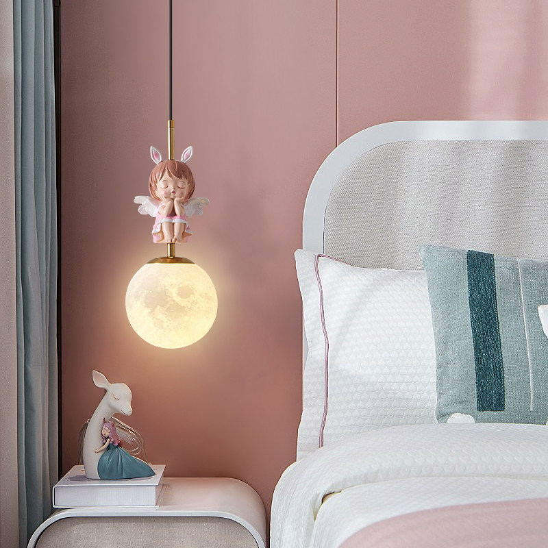 儿童房床头吊灯女孩卧室全光谱智能小吊灯温馨女儿房房间长线灯