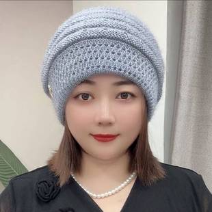 帽子遮白发的头饰新款秋冬季中老年妈妈保暖帽加绒加厚毛线盆帽时