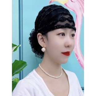 帽子遮白发的头饰新款轻薄网纱条纹包头帽洋气收碎发夏季蕾丝时尚