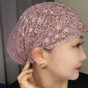 帽子遮白发的头饰新款初秋包头帽时尚蕾丝盖头帽水溶绣花女士套头