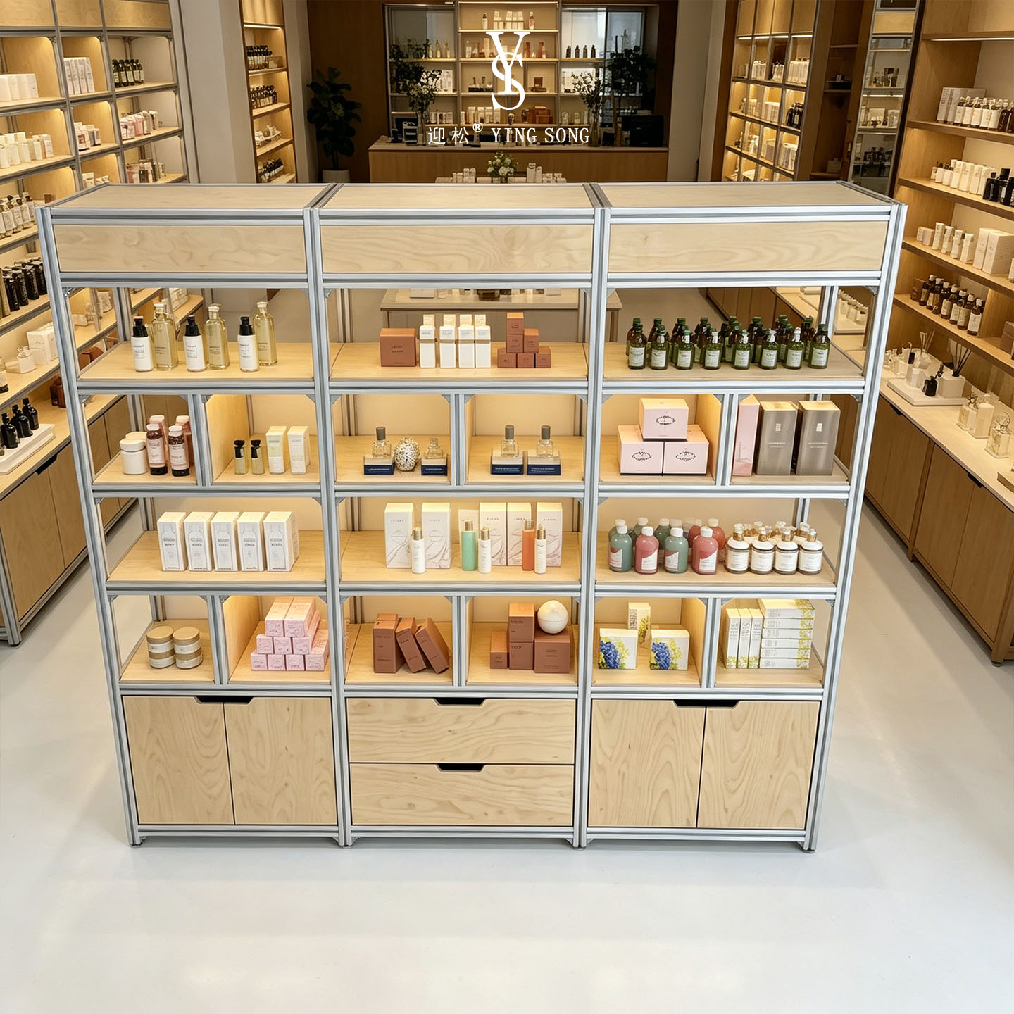 护肤香薰商用落地展示柜铝木框架多格抽屉美妆店铺组合陈列架