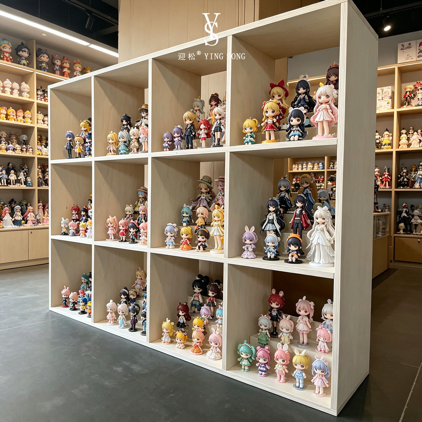 原木色格子柜 盲盒手办展示柜 门店公仔模型陈列置物架可定制
