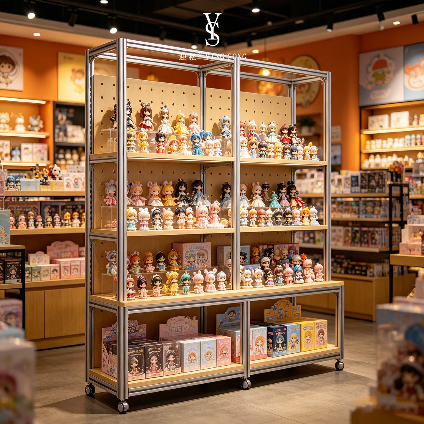 文创店手办玩偶铝型材桦木海洋板多层陈列架落地展示架置物架