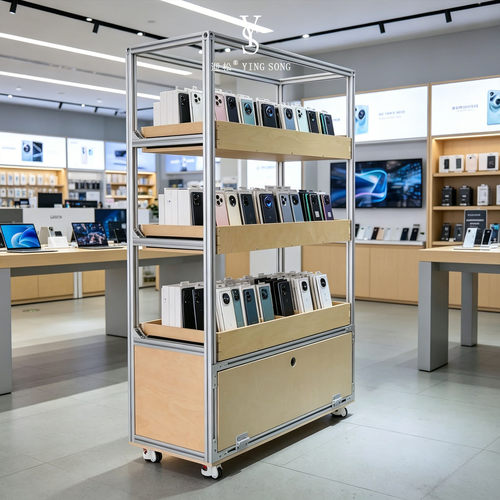 模块化手机样品展示柜 门店中岛展台 铝型材原木带轮陈列架可定制