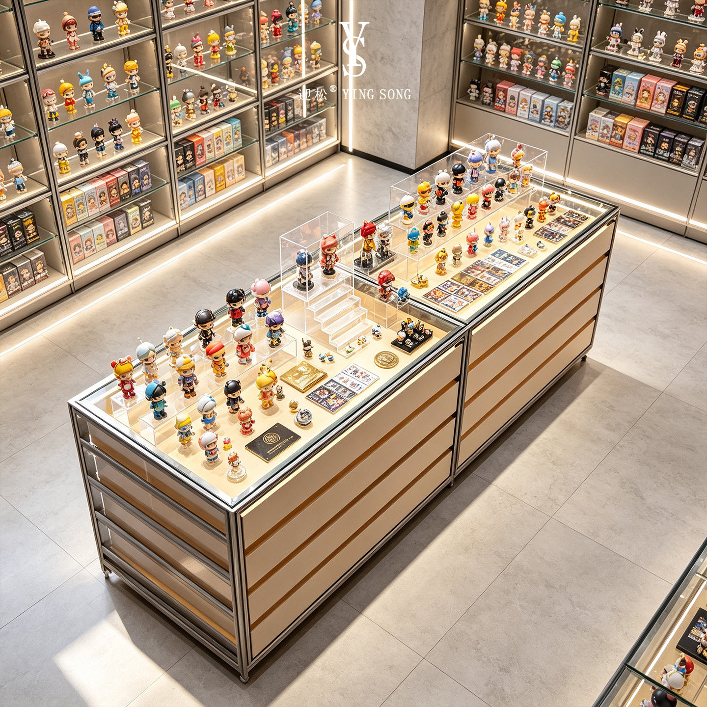 铝型材海洋板潮玩手办中岛展示柜玻璃展柜玩具店商用陈列柜子定制