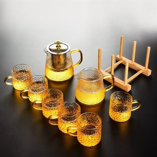 家用客厅办公耐热耐高温功夫茶杯茶壶过滤泡茶器 锤纹玻璃茶具套装