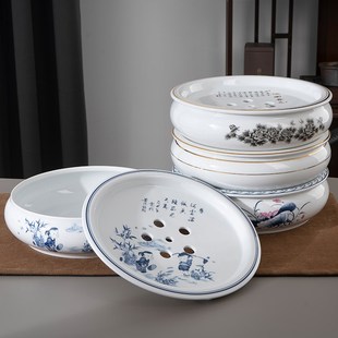 10英寸沥水茶盘茶船储蓄水式 中式 茶台青花陶瓷圆形茶海水盂复古风