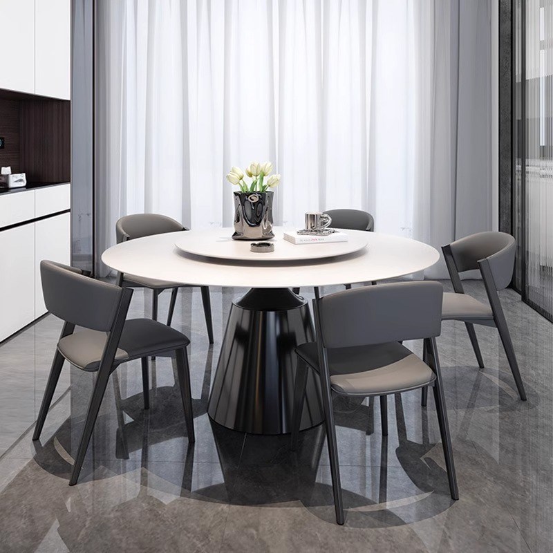 意式极简岩板圆形餐桌椅组合现代简约家用大小户型餐厅带转盘桌子
