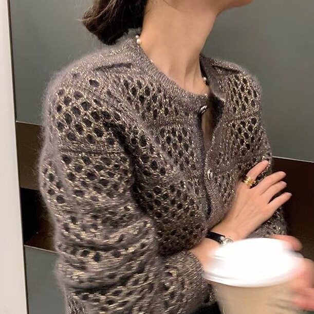 欧货短款浣熊绒毛衣针织开衫女双层工艺高级金银丝秋冬穿搭短外套