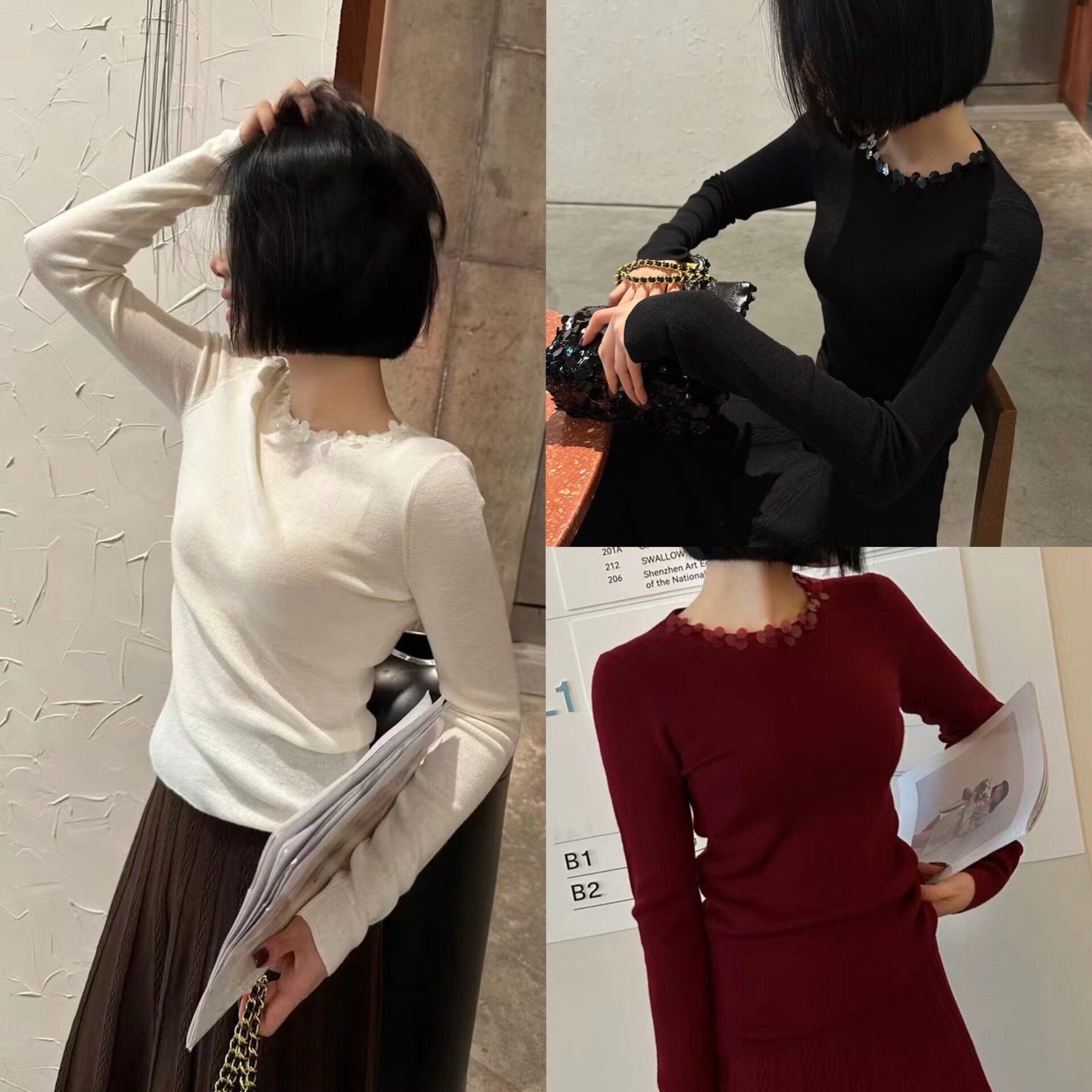 扬子纱线打底衫女2024秋冬白色内搭长袖t恤洋气别致针织上衣图片