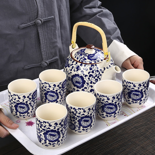 陶瓷中式 青花复古提梁壶茶具套装 家用泡茶壶茶杯简约开业活动礼品