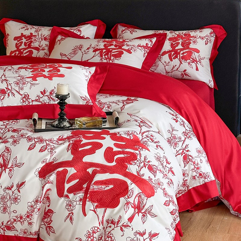 浪漫婚庆红色100S长绒棉四件套纯棉新婚陪嫁床上用品结婚床单被套