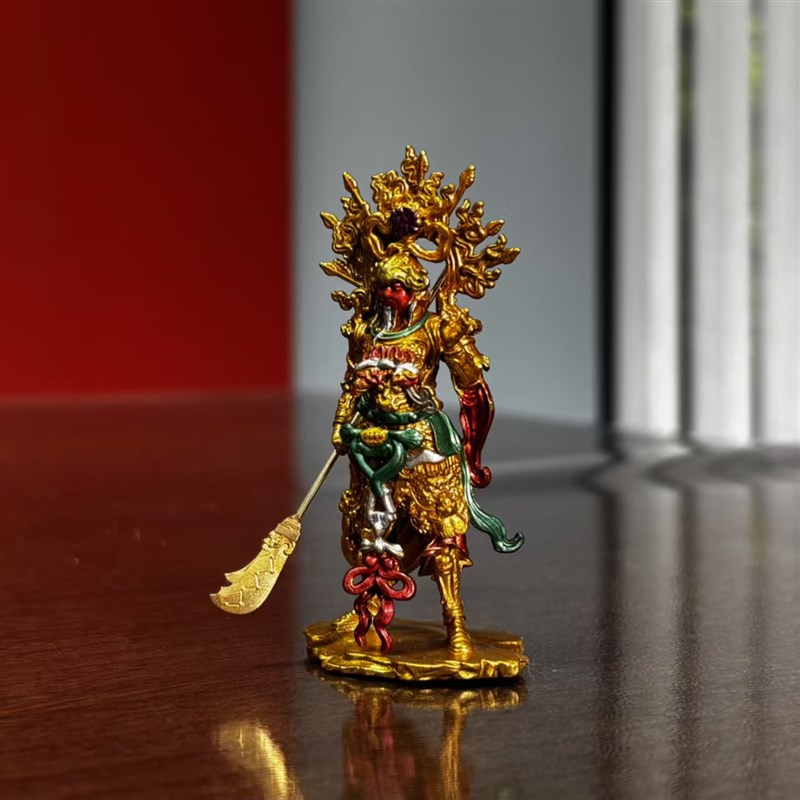 崇宁真君铁佛寺关公造像纯铜实心釉彩手绘车载办公室案头小摆件
