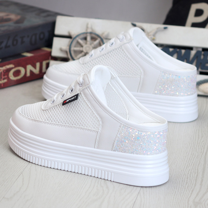 2021夏季透气小白鞋半拖鞋女厚底内增高显瘦8CM无后跟懒人鞋网鞋