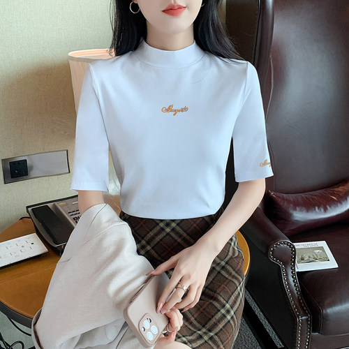 中袖打底衫女半高领T恤女紧身辣妹E装中领刺绣小衫洋气欧货正肩棉