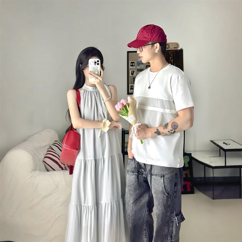 法式情侣装夏季一裙一衣气质无袖挂脖小众设计感2025新款撞色高级