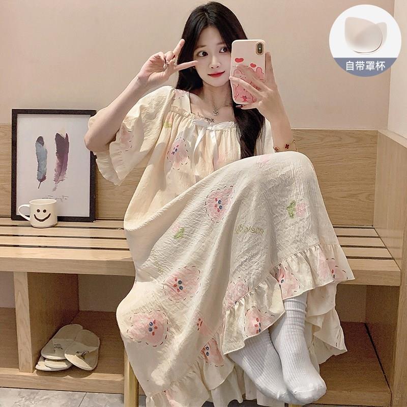 韩版睡裙女带胸垫夏季甜美花边公主风连身睡裙夏T天高级感家居服