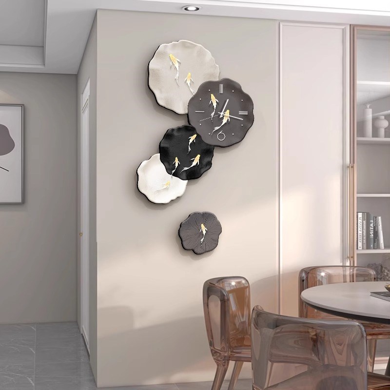 九鱼图客厅装饰画钟表挂钟餐厅沙发电视机背景墙挂画玄关墙上壁画