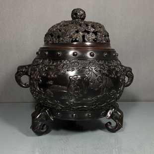 16.5公分6.3公斤太平有象薰炉摆件 老件紫铜浮雕宣德款 高26