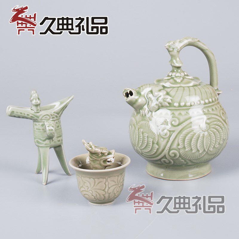 陕西耀州瓷三件套 实用酒具餐具摆件工艺品艺术品商务礼品