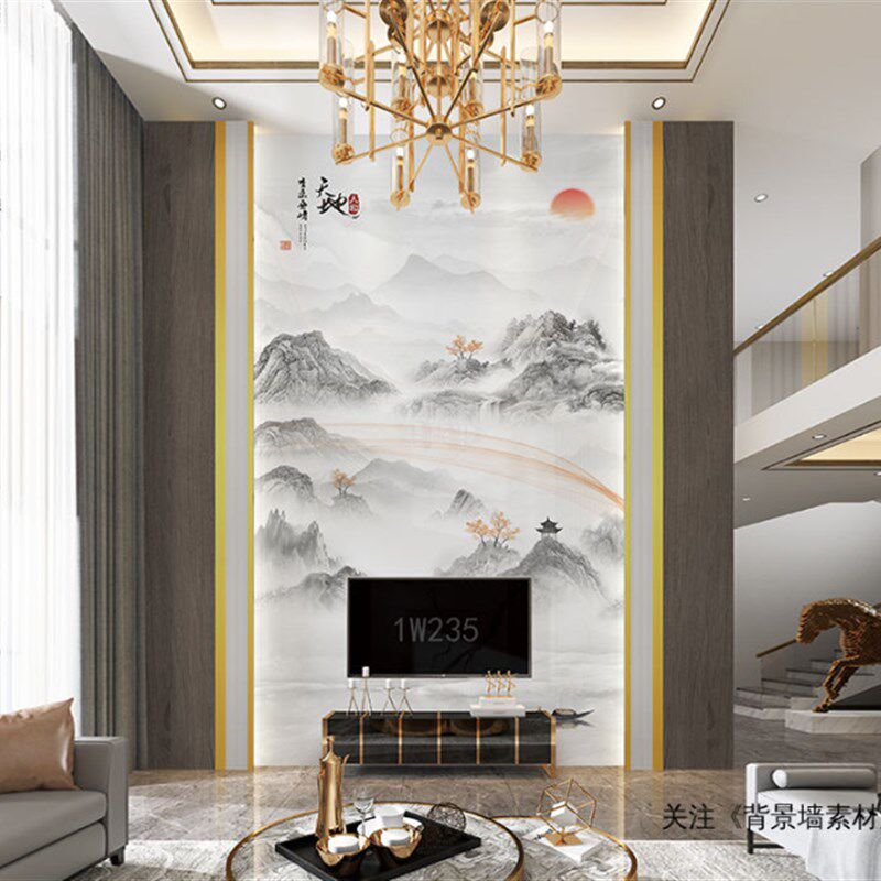 别墅复试楼背景墙客厅影视墙岩板壁画现代简约玄关过道画瓷砖