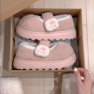 全包跟棉拖鞋细细条可爱猫爪棉鞋厚底防滑冬季加绒外穿魔术贴圆头