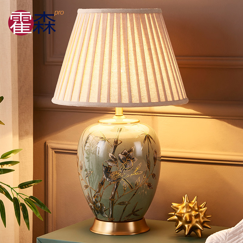 美式简约陶瓷全铜台灯卧室床头灯客厅沙发茶几别墅W书房欧式灯具