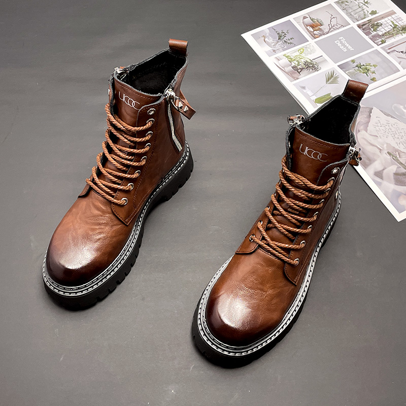 马丁靴男冬季新款加绒中筒靴子英伦风高筒鞋个性百搭亮皮机车短靴