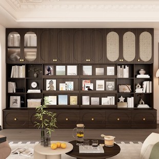 定制去客厅化书柜电视柜移门书架一体整墙中古风实木背景储物柜子