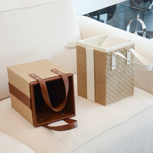 轻奢皮革收纳篮亚麻手提篮家用衣物杂物框手工编织 oakliving法式