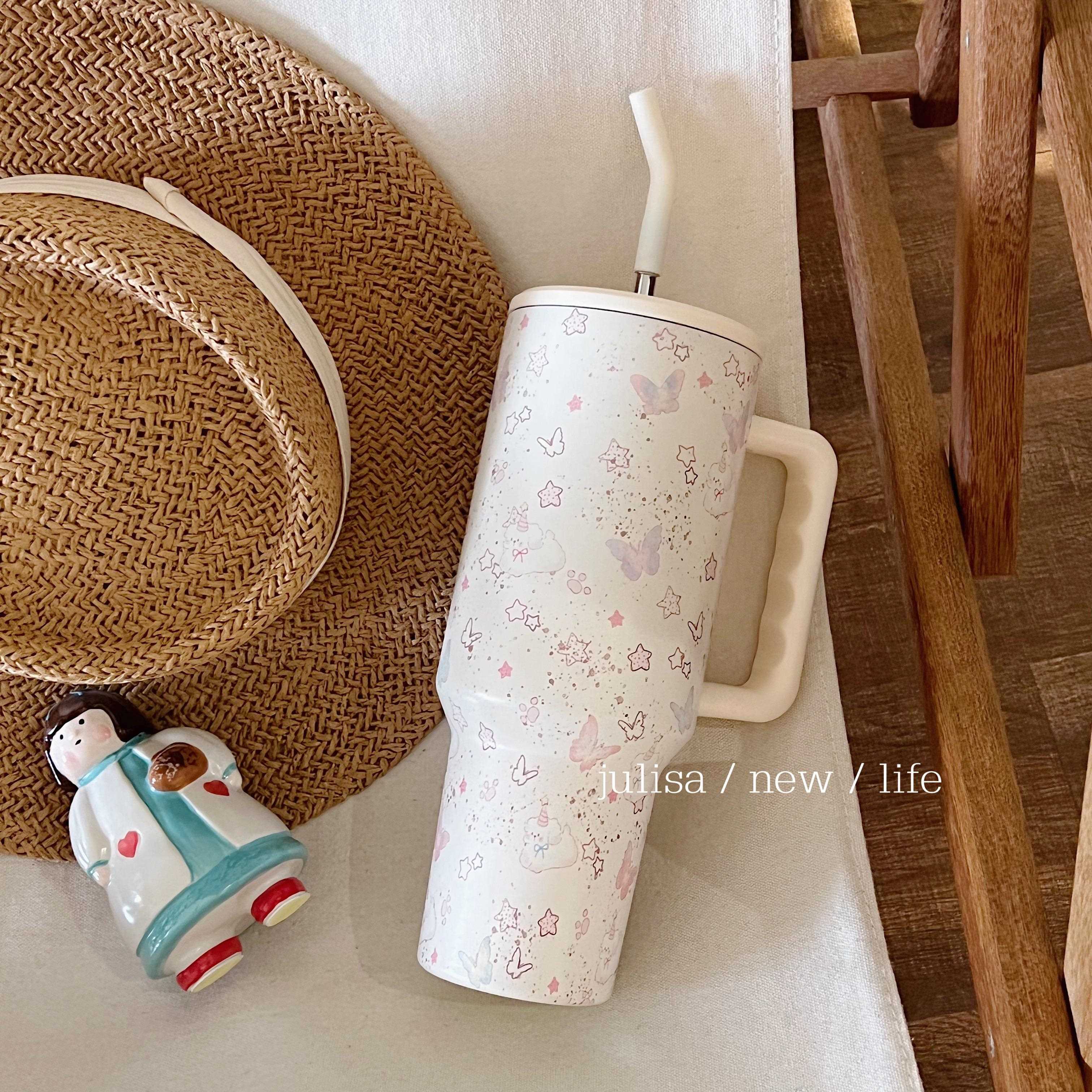 独家puppy park泼墨星星蝴蝶小狗1.2L大容量冰霸杯吸管保温保冷杯