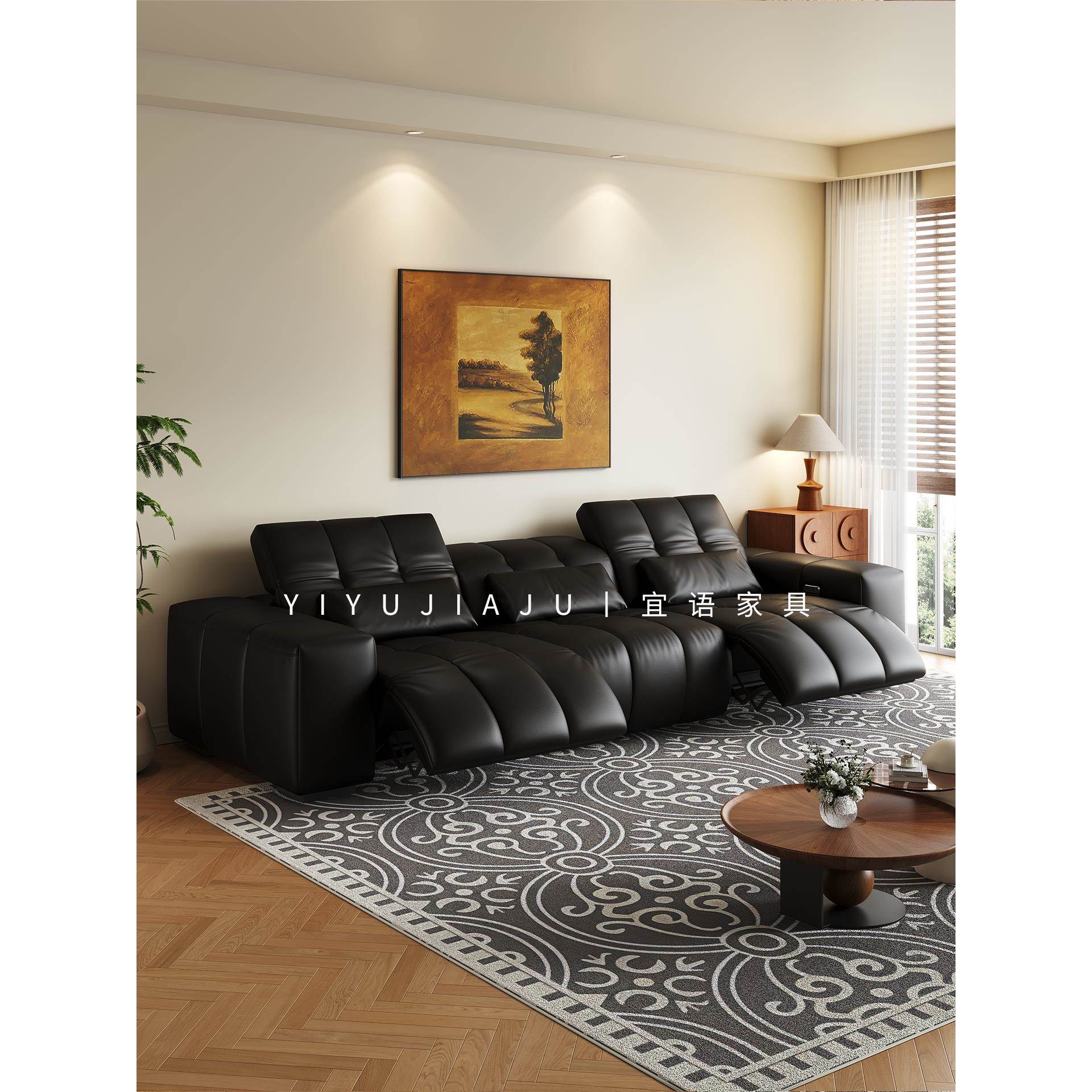 像素电动沙发黑色覆古风真皮头层牛皮高靠背可调节沙发零靠墙